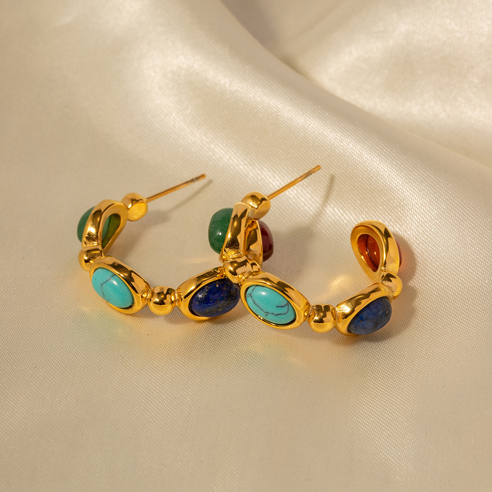 1 Paire De Boucles D'Oreilles Créoles Élégantes Pour Femme, En Acier Inoxydable Doré Et Ornées De Pierres Naturelles. Image8