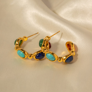 1 Paire De Boucles D'Oreilles Créoles Élégantes Pour Femme, En Acier Inoxydable Doré Et Ornées De Pierres Naturelles. h5 Image8