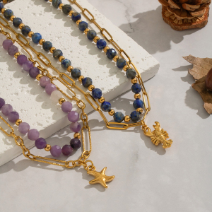 Collier En Acier Inoxydable Étanche Couleur Or Avec Perles De Pierre Naturelle (1 Pièce) h5 Image3