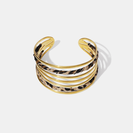 Bracelet manchette étanche en acier inoxydable ajouré à motif léopard