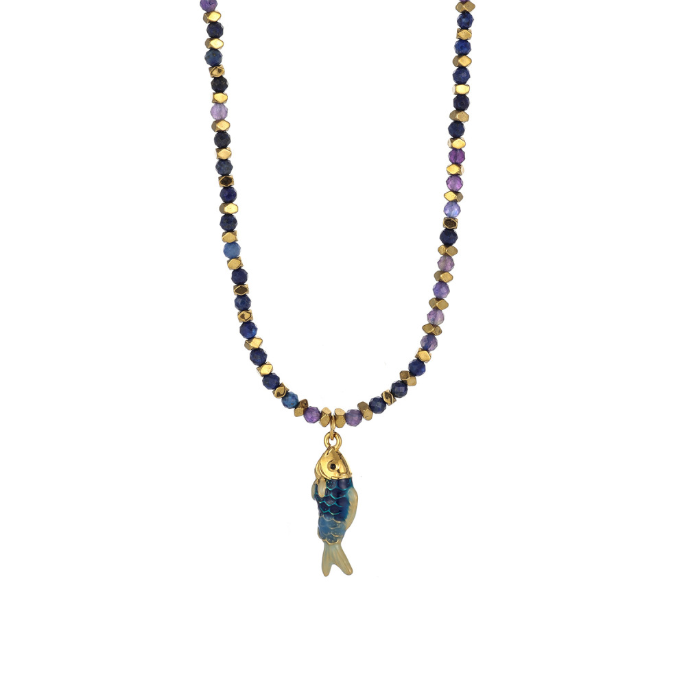 Collier Vintage Pour Femme En Acier Inoxydable, Couleur Or, Orné De Perles Et De Pierres Naturelles, Avec Motif Poisson (1 Pièce) 