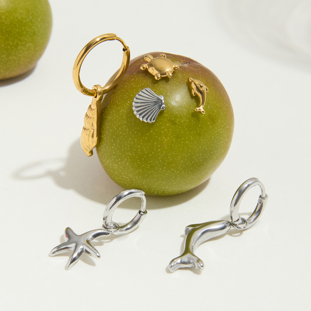 1 Paire De Boucles D'Oreilles Pour Femme En Acier Inoxydable Doré, Motif Organismes Marins Image4