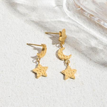 1 paire de boucles d'oreilles pendantes classiques étoile et lune en acier inoxydable étanche couleur or pour femme 2