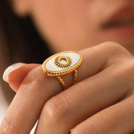 Bague tendance en acier inoxydable doré, forme soleil (1 pièce), étanche, avec coquillage.