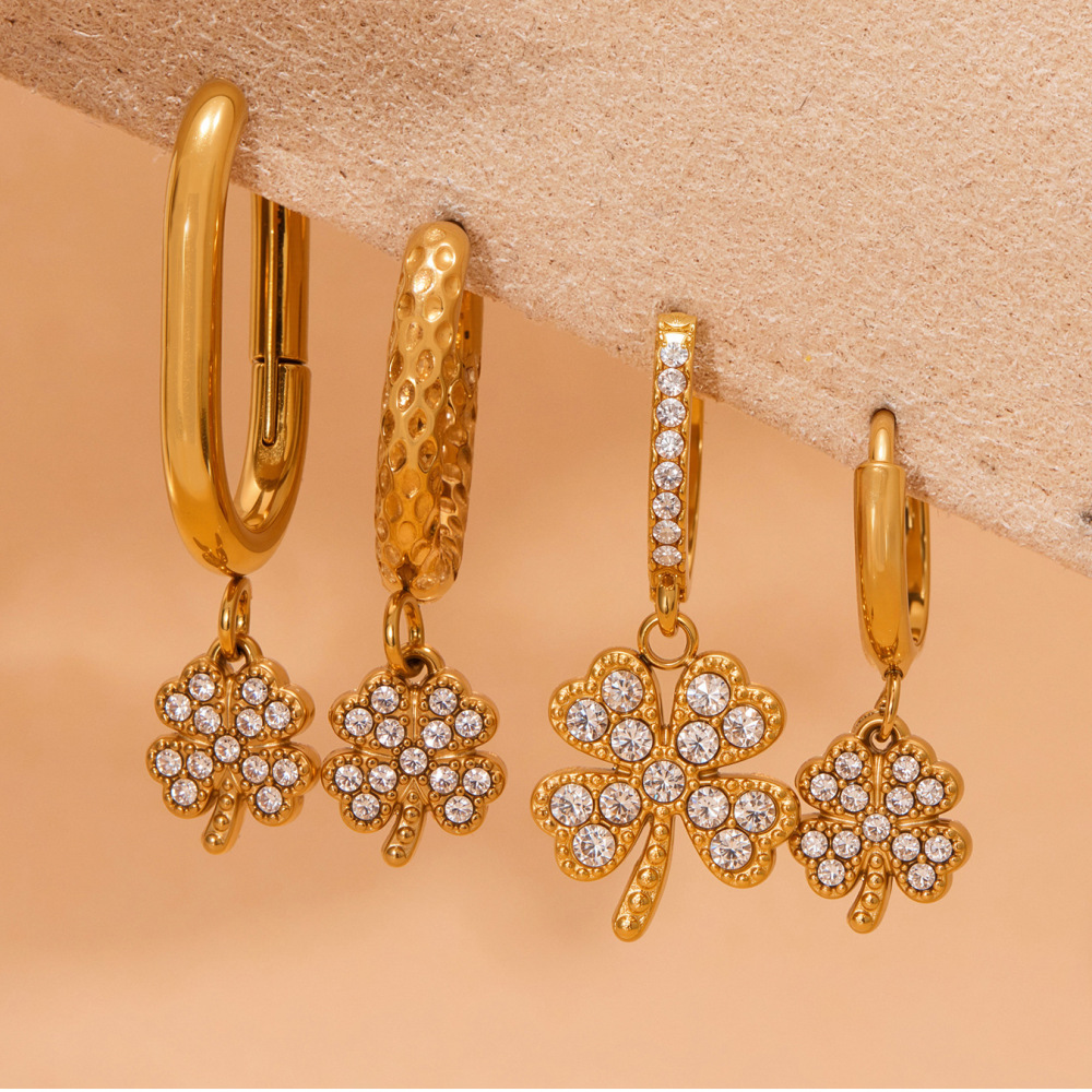 1 Paire De Boucles D'Oreilles Pendantes Élégantes En Acier Inoxydable Doré, Ornées De Zircon, En Forme De Trèfle, Pour Femme. Image4