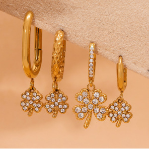 1 Paire De Boucles D'Oreilles Pendantes Élégantes En Acier Inoxydable Doré, Ornées De Zircon, En Forme De Trèfle, Pour Femme. h5 Image4