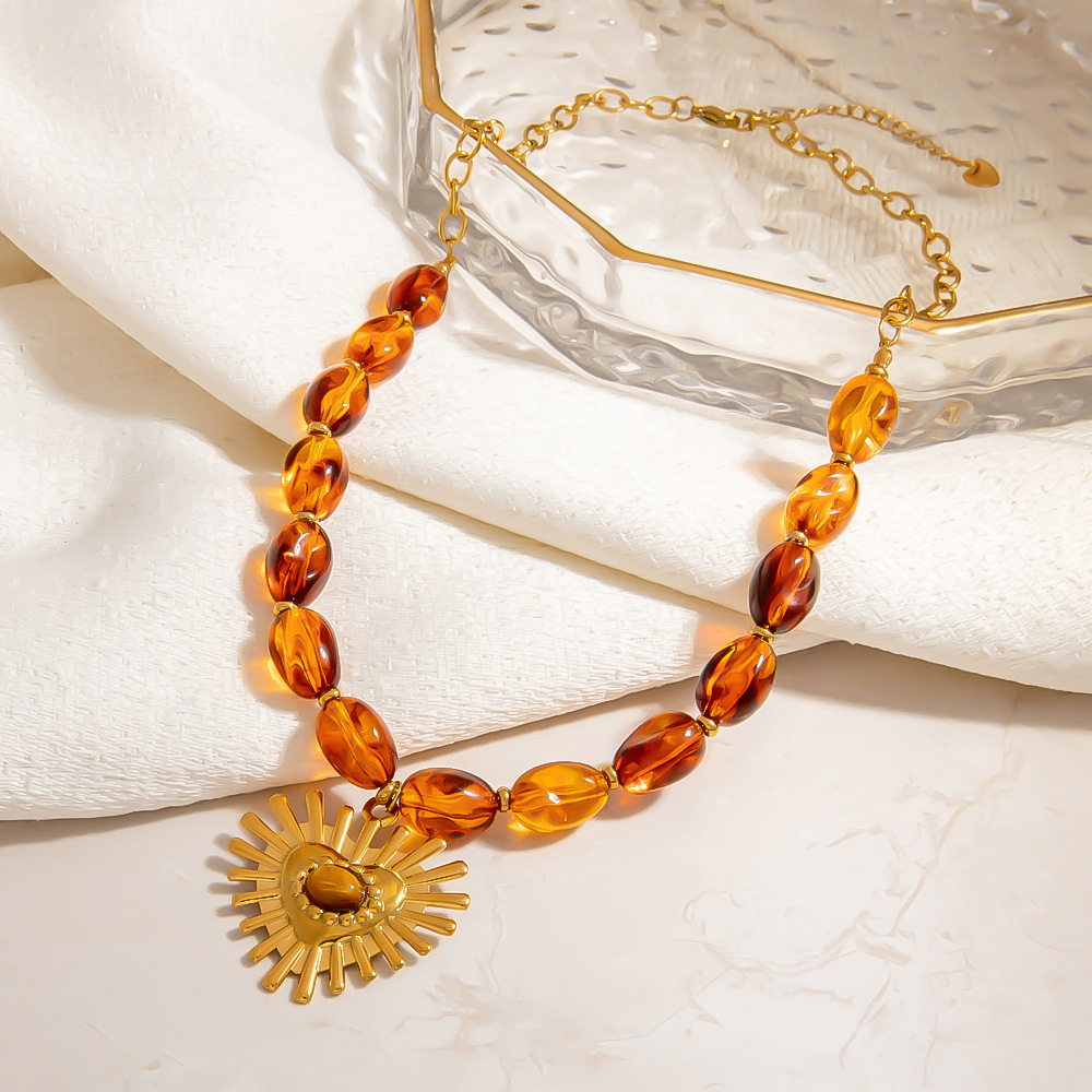 Collier Élégant En Forme De Cœur, En Acier Inoxydable, Imperméable Et Orné De Pierres Naturelles, Pour Femme (1 Pièce) Image4