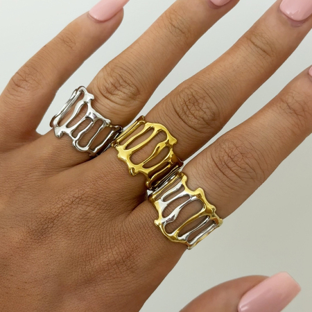 Bague tendance quotidienne en acier inoxydable de forme irrégulière, étanche, couleur or (1 pièce) 2