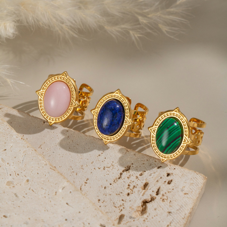 Bague pour femme en acier inoxydable doré, style rétro, avec lignes ovales et pierre naturelle.