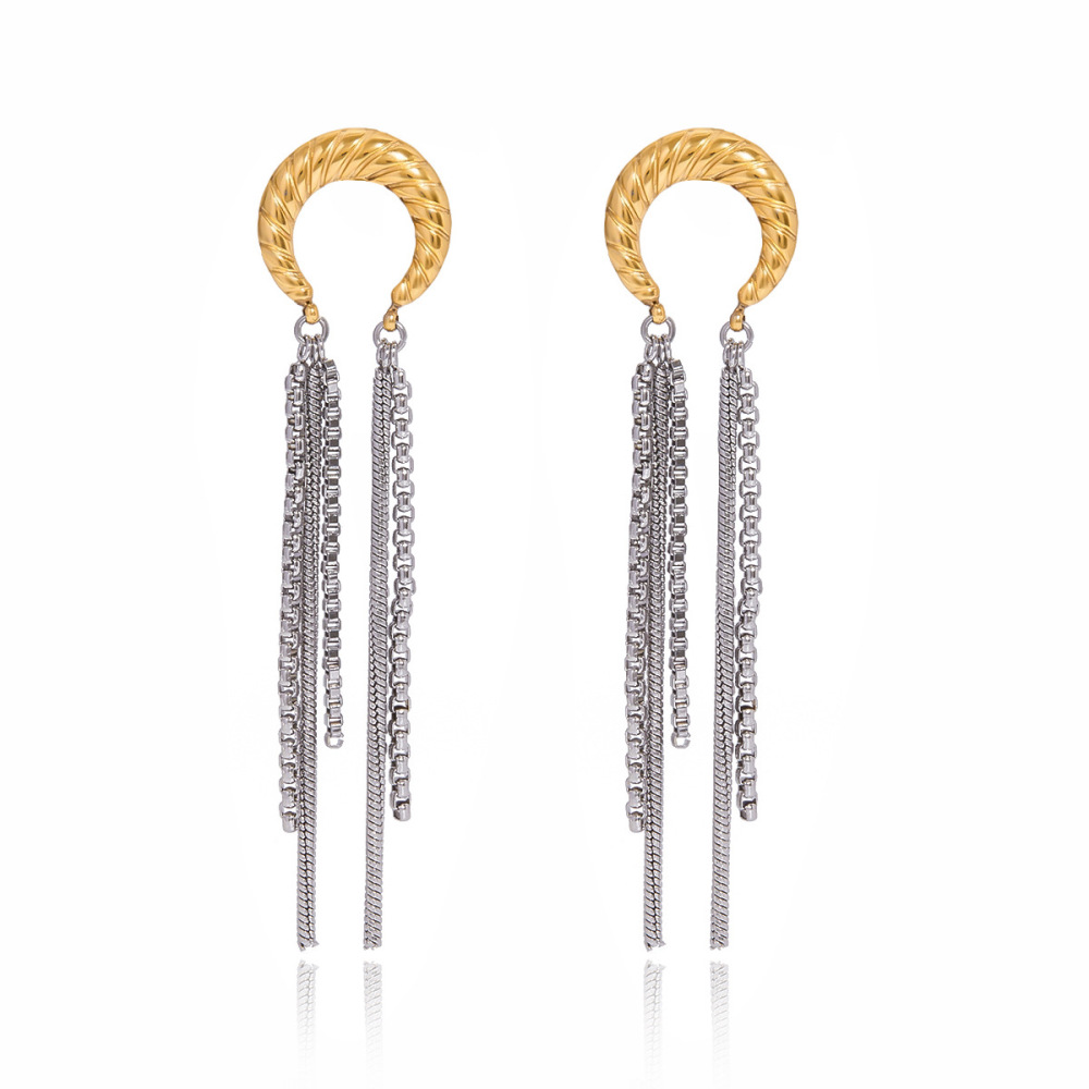 Boucles D'Oreilles Pendantes Pour Femme, Style Décontracté, Avec Pompon Et Lune, En Acier Inoxydable Étanche, Couleur Or (1 Paire).