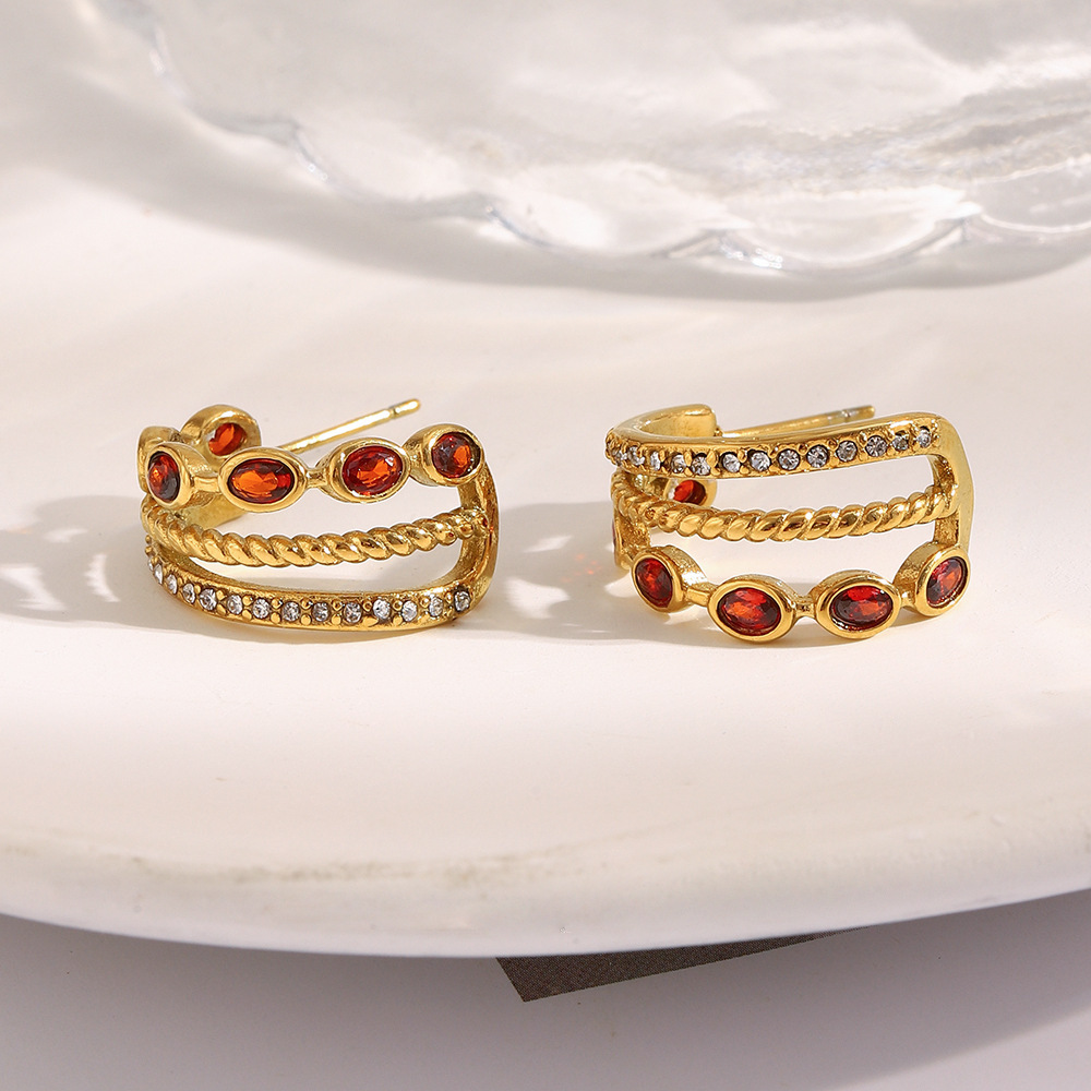 1 Paire De Boucles D'Oreilles Créoles Classiques Pour Femme, En Acier Inoxydable Étanche, Couleur Or, Avec Zircon Rouge Image6