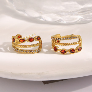 1 Paire De Boucles D'Oreilles Créoles Classiques Pour Femme, En Acier Inoxydable Étanche, Couleur Or, Avec Zircon Rouge h5 Image6