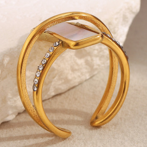 Bague Élégante Rectangulaire En Acier Inoxydable, Étanche, Couleur Or, Ornée D'Un Coquillage. h5 Image7
