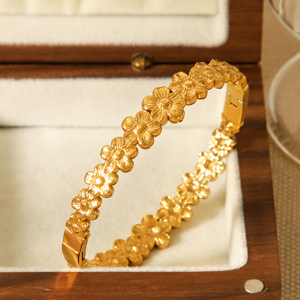 Bracelet Jonc Simple Pour Femme, Motif Floral Quotidien, En Acier Inoxydable Étanche, Couleur Or (1 Pièce) Image5
