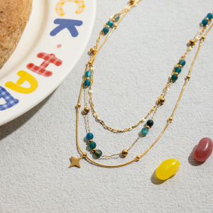 Collier À Plusieurs Rangs Pour Femme, Orné De Perles Rétro En Forme D'Étoile, En Acier Inoxydable Étanche Couleur Or (1 Pièce) h5 Image6