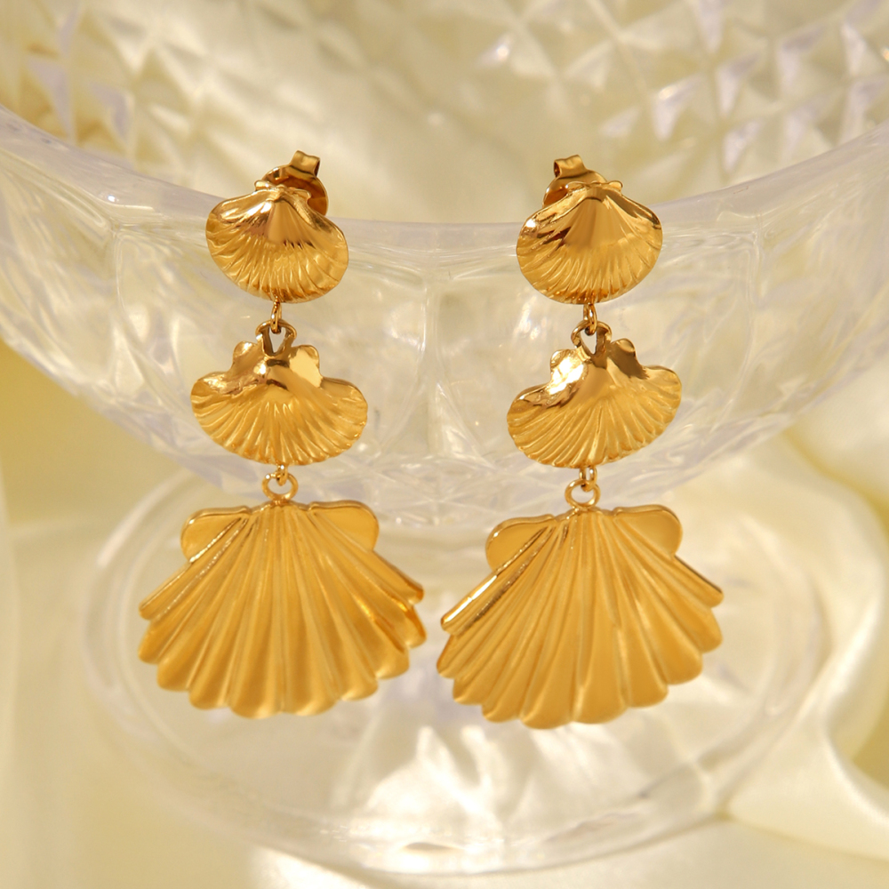 Boucles D'Oreilles Pendantes Pour Femme, Collection Simple Series Daily Shell, En Acier Inoxydable Étanche, Couleur Or (1 Paire). Image7