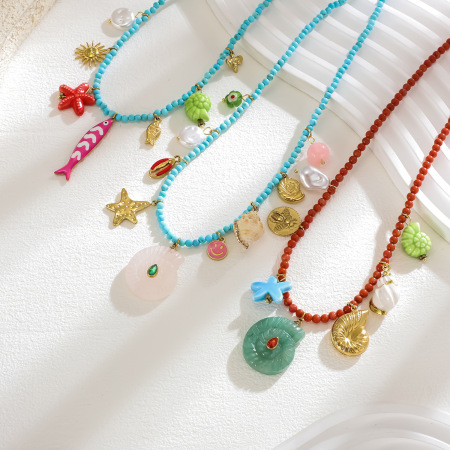 Collier de perles romantique pour femme, en acier inoxydable, couleur or, avec coquillage, pierre naturelle et pierres naturelles (1 pièce) 2