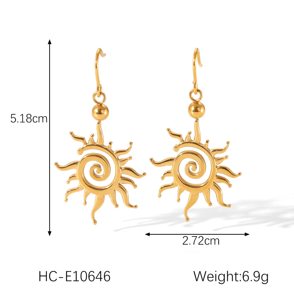 Boucles D'Oreilles Pendantes Minimalistes En Acier Inoxydable Doré, Imperméables, Motif Soleil, Pour Femme (1 Paire). Image2