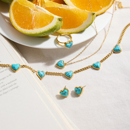 Ensembles de bijoux pour femmes en acier inoxydable imperméables, motif cœur classique en calaïte