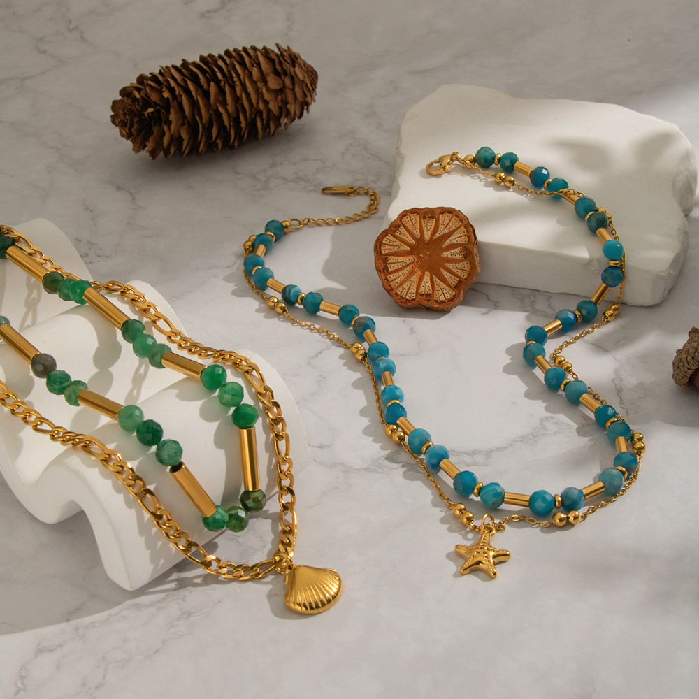 Collier En Acier Inoxydable Étanche Couleur Or Avec Perles De Pierre Naturelle (1 Pièce) Image4