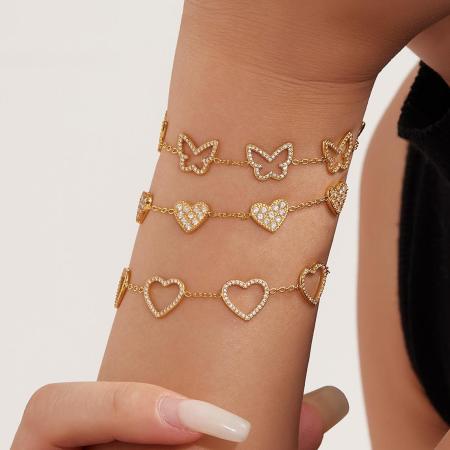 Bracelet à maillons pour femme, en acier inoxydable doré, orné d'un papillon et de zircon, imperméable (1 pièce).