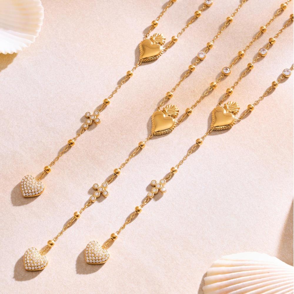 Ensembles De Bijoux Pour Femmes En Acier Inoxydable Doré, Forme Croix Et Cœur, Collection Romantique h5Image8