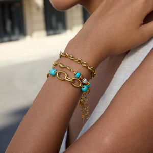 Bracelet Rétro En Perles De Calaïte, Chaîne En Acier Inoxydable Étanche, Couleur Or, Pour Femme (1 Pièce). h5 Image2