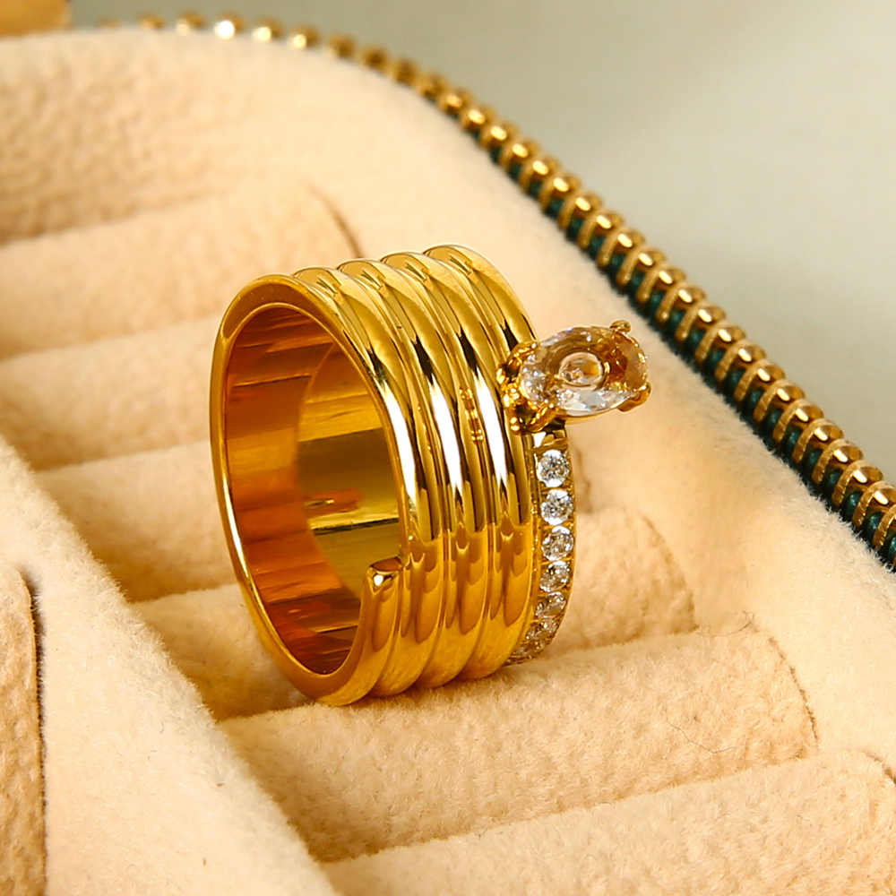 Bague De Luxe Multicouche Empilable En Acier Inoxydable Imperméable Avec Zircon, Ornée D'Un Serpent (1 Pièce). h5Image5