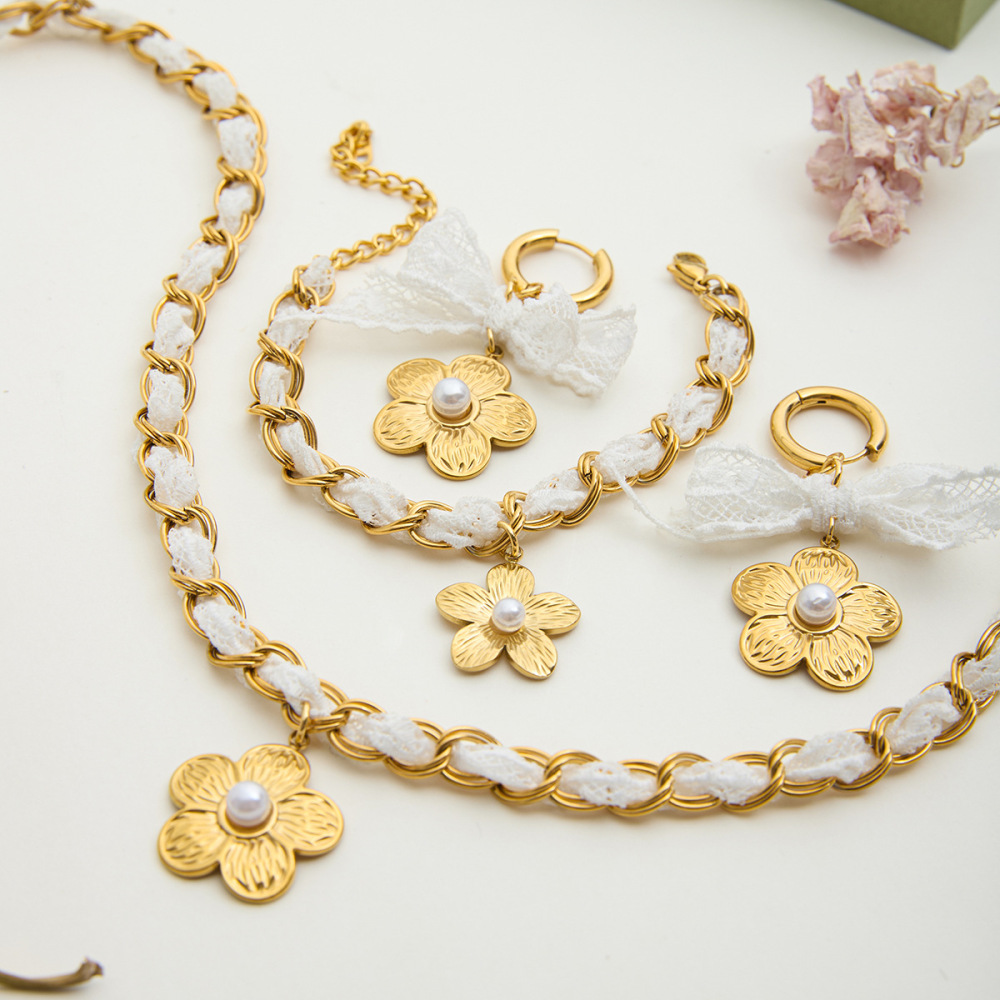 Ensembles De Bijoux Pour Femmes En Acier Inoxydable Imperméable, Couleur Or, Ornés De Dentelle Florale Romantique Image3