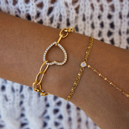 Bracelet À Breloques Pour Femme, En Acier Inoxydable Doré, Orné D'Un Cœur Exquis (1 Pièce). 2