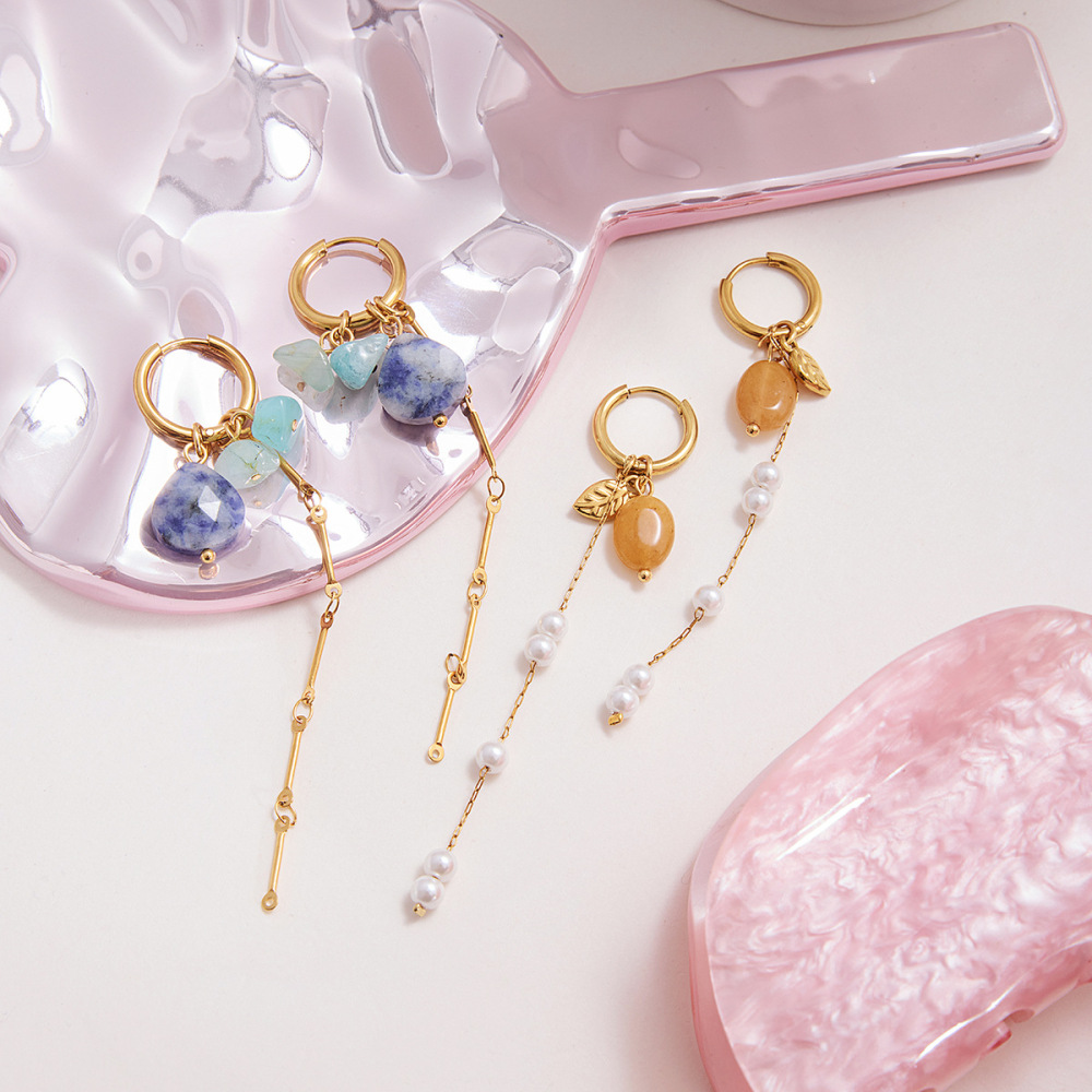 Boucles D'Oreilles Pendantes Pour Femme, En Acier Inoxydable Doré, Avec Pampilles En Pierre Naturelle (1 Paire). Image6