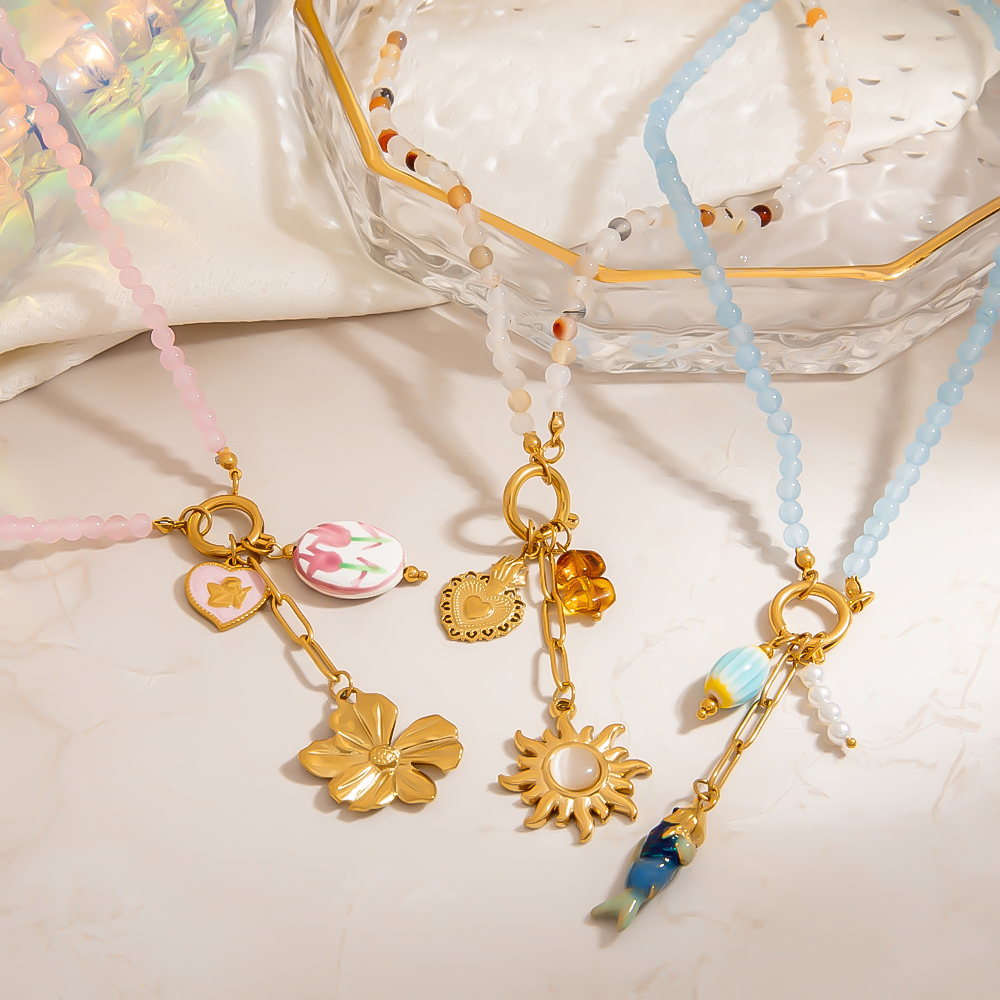 Collier De Perles Pour Femme, Motif Poisson-Soleil Et Fleur Douce, En Acier Inoxydable Étanche Couleur Or (1 Pièce) Image5