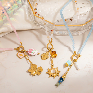 Collier De Perles Pour Femme, Motif Poisson-Soleil Et Fleur Douce, En Acier Inoxydable Étanche Couleur Or (1 Pièce) h5 Image5