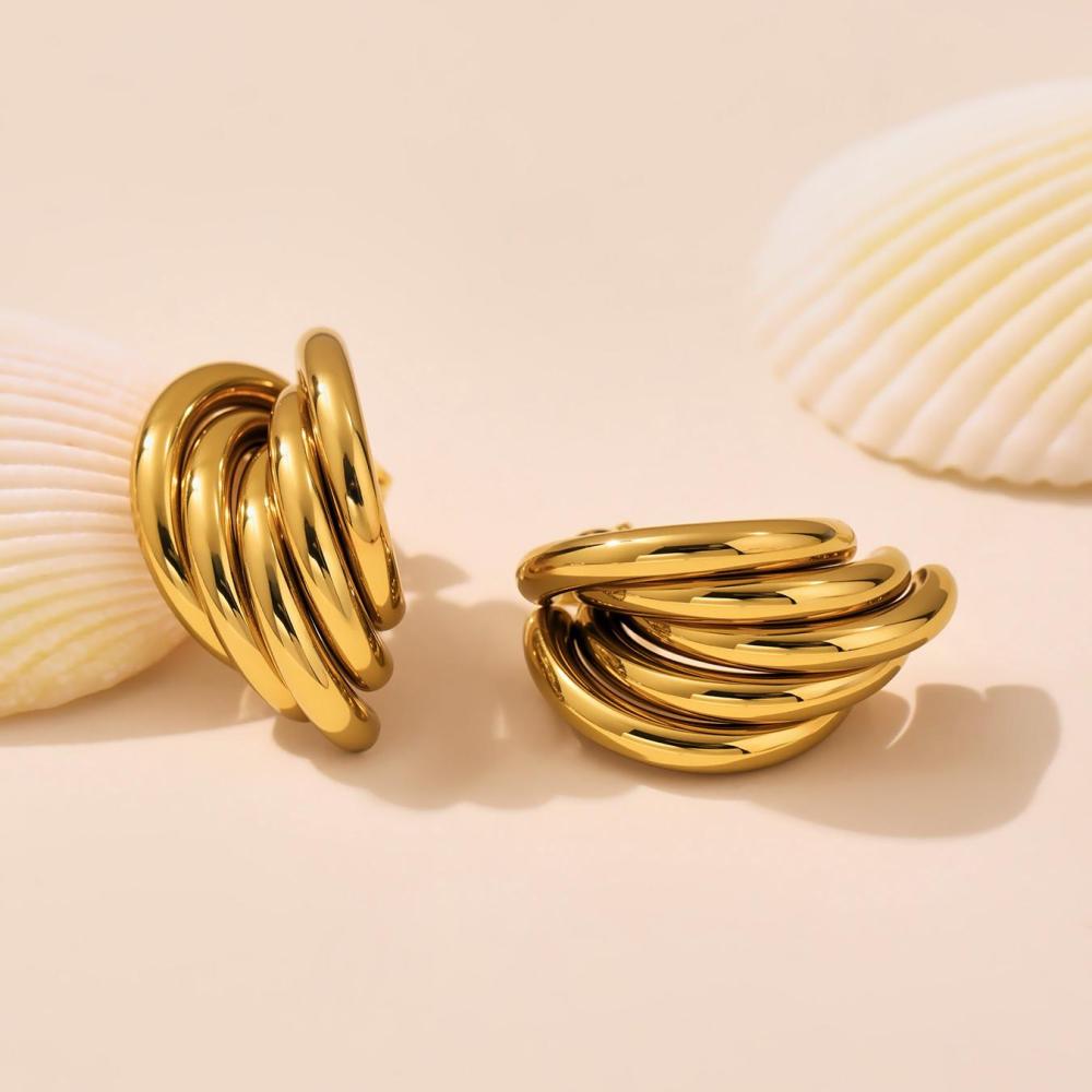 1 Paire De Boucles D'Oreilles Puces Pour Femme, En Acier Inoxydable De Forme Irrégulière, Étanches, Couleur Or h5Image6