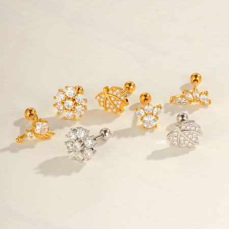 Boucle d'oreille piercing en forme de cœur et de fleur, couleur cuivre et or, zircone