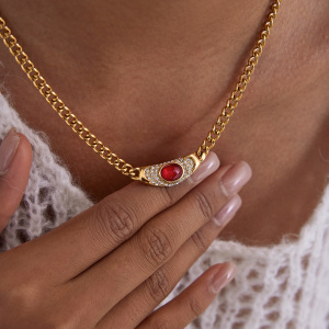 Collier Pendentif Vintage Rond En Acier Inoxydable Étanche Couleur Or Pour Femme (1 Pièce) h5 Image4