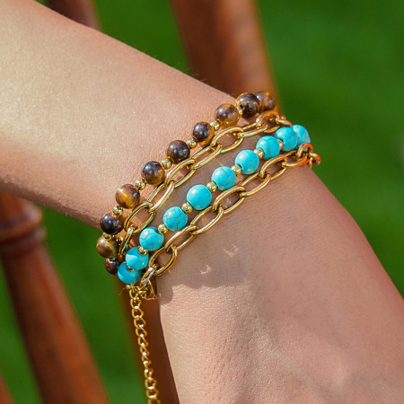 Ensemble de 1 bracelet pour femme en acier inoxydable étanche, composé de perles en pierre naturelle double couche.
