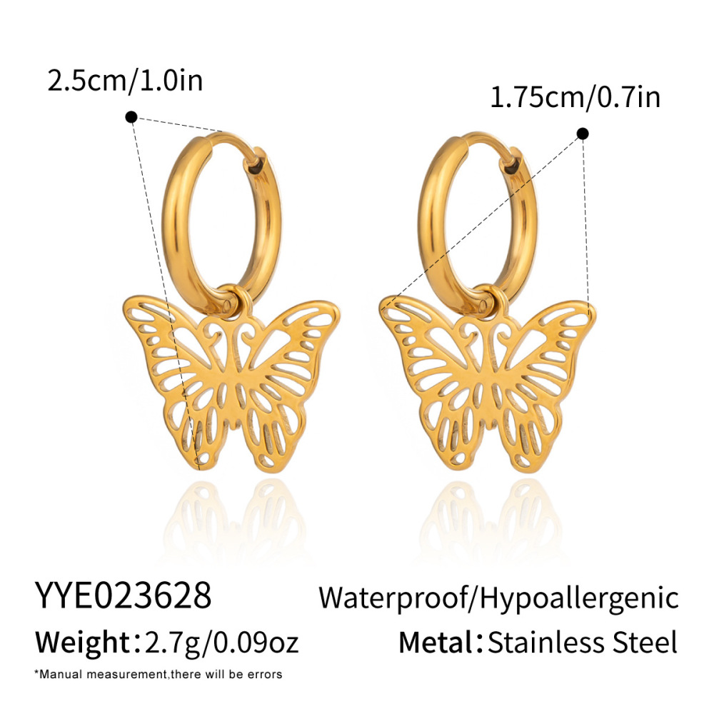 Boucles D'Oreilles Pendantes Romantiques Papillon En Acier Inoxydable Étanche Couleur Or Pour Femme (1 Paire)