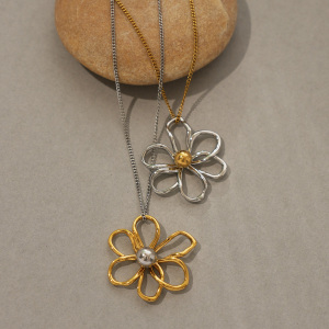 Collier Pendentif Femme/Homme En Acier Inoxydable, Couleur Or, Avec Fleur Naturelle Simple (1 Pièce) h5 Image5