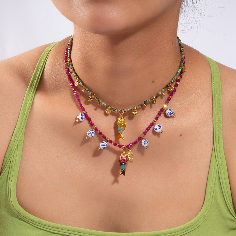 Collier Vintage Pour Femme En Acier Inoxydable, Couleur Or, Orné De Perles Et De Pierres Naturelles, Avec Motif Poisson (1 Pièce) Image5