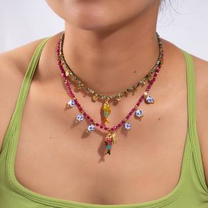 Collier Vintage Pour Femme En Acier Inoxydable, Couleur Or, Orné De Perles Et De Pierres Naturelles, Avec Motif Poisson (1 Pièce) h5 Image5
