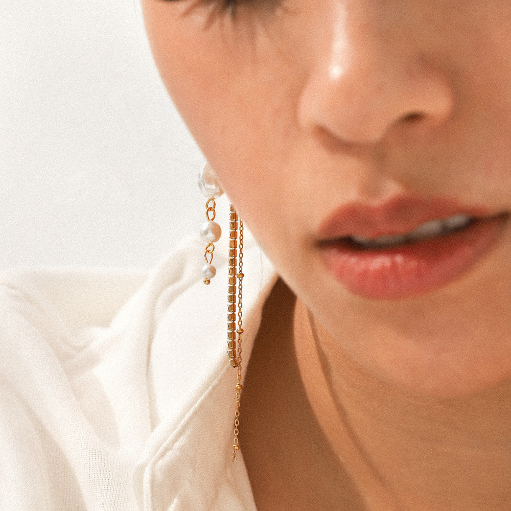 Boucles D'Oreilles Simples À Pompons Pour Femmes, En Acier Inoxydable Imperméable, Couleur Or, Avec Perles (1 Paire). h5Image5