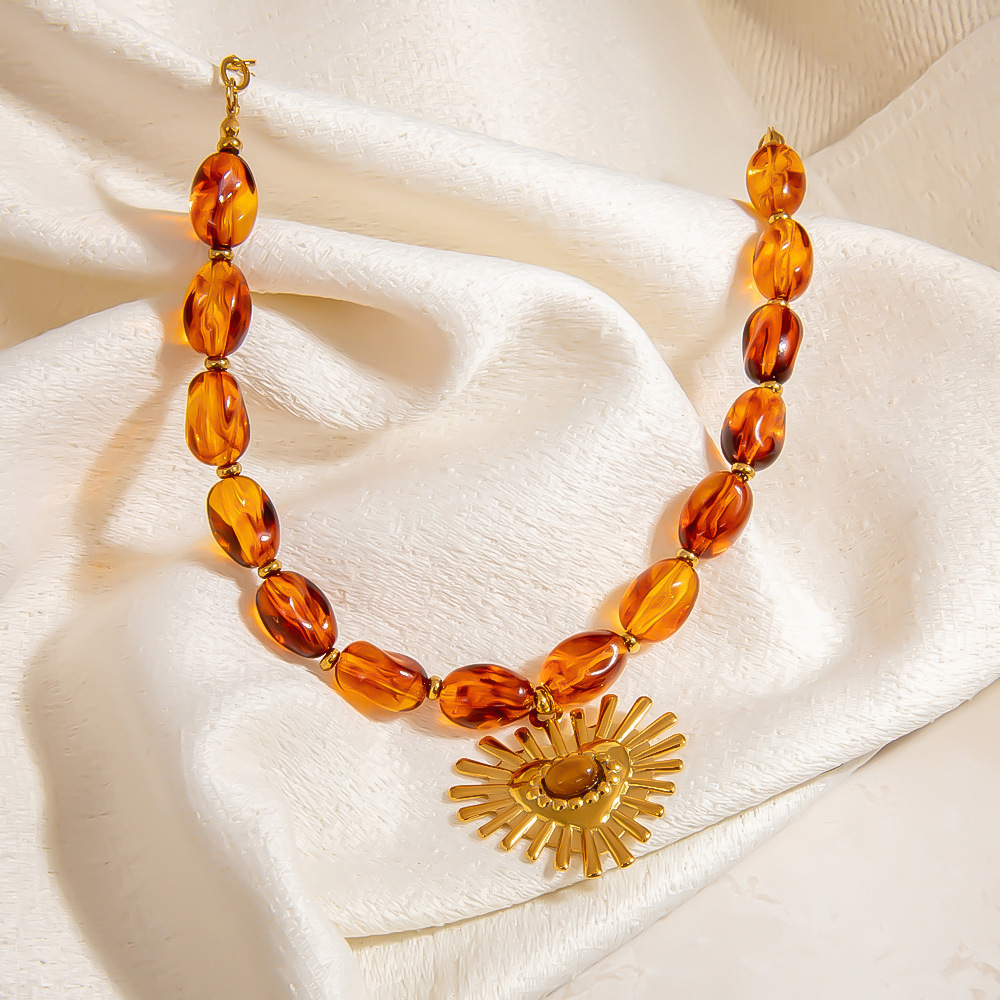 Collier Élégant En Forme De Cœur, En Acier Inoxydable, Imperméable Et Orné De Pierres Naturelles, Pour Femme (1 Pièce) Image3
