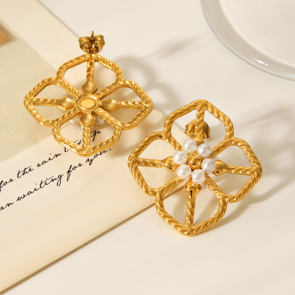 Boucles D'Oreilles Puces Pour Femme, En Acier Inoxydable Doré, Imperméables, Avec Perles Et Motif Floral (1 Paire). h5Image6