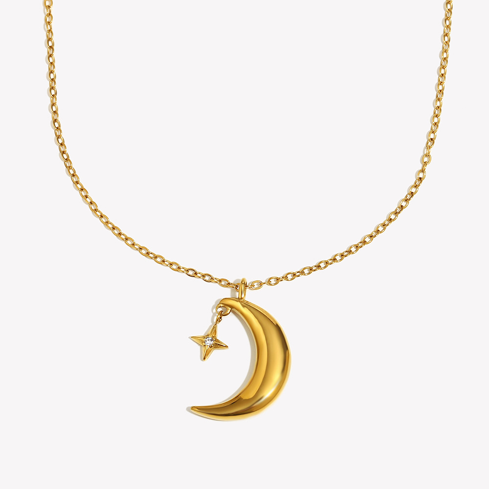 Collier Pendentif Lune Pour Femme, En Acier Inoxydable Étanche, Couleur Or (1 Pièce) 
