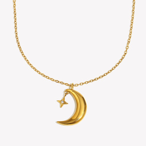 Collier Pendentif Lune Pour Femme, En Acier Inoxydable Étanche, Couleur Or (1 Pièce) h5 
