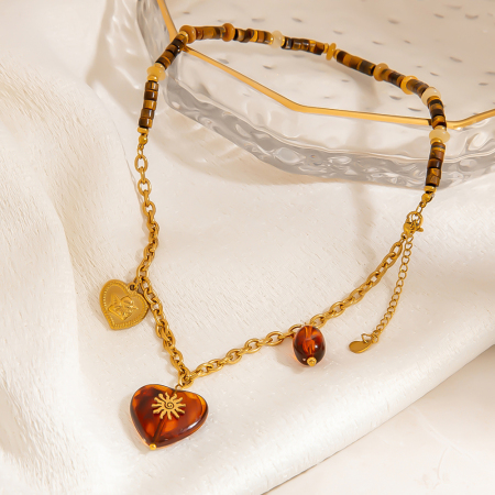 Collier de perles pour femme, motif cœur, en acier inoxydable étanche, couleur or (1 pièce)