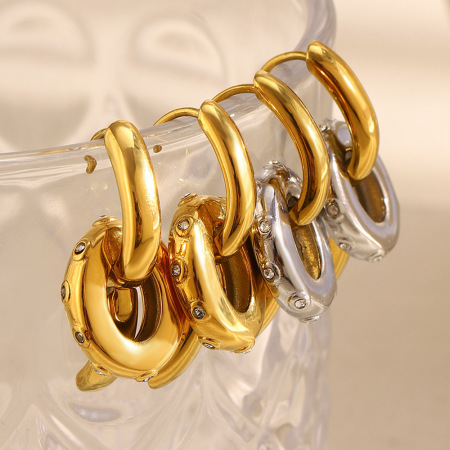 1 paire de boucles d'oreilles pendantes Daily Circle pour femme, en acier inoxydable étanche, couleur or, avec zircon.