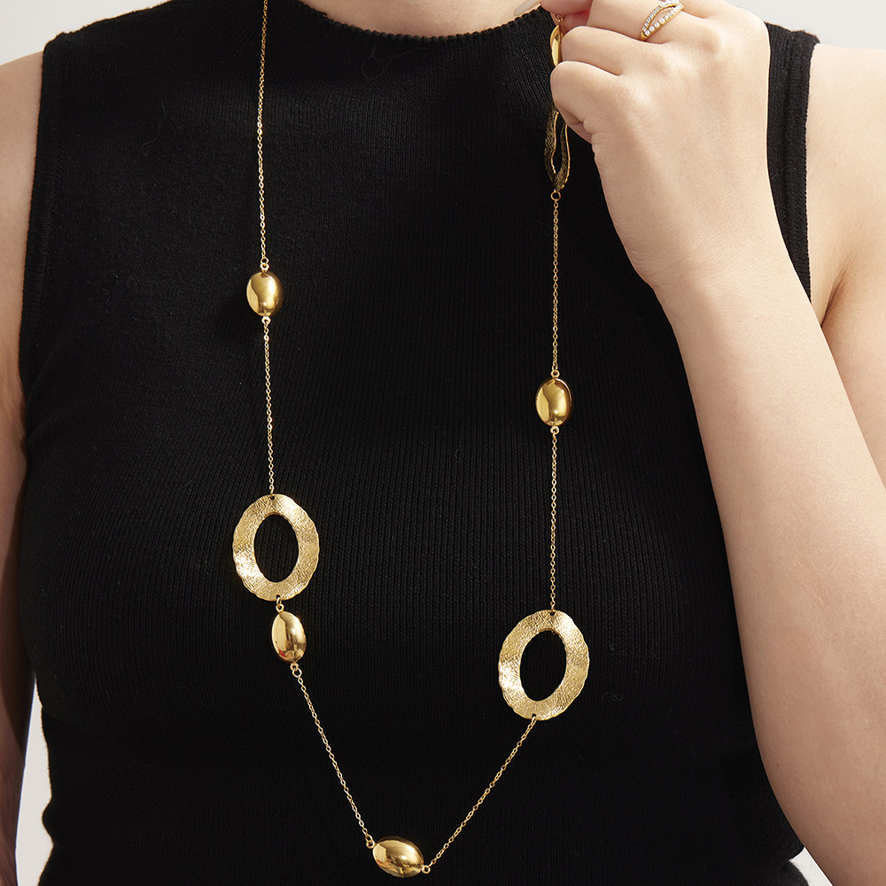 Collier Long Pour Femme, En Acier Inoxydable Doré, Imperméable, Avec Motif Martelé Simple (1 Pièce) h5Image5