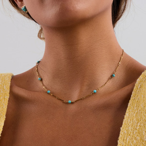 Collier Classique Pour Femme En Acier Inoxydable Calaite, Couleur Or, Avec Pierre Naturelle Et Chaîne, 1 Pièce h5 Image6